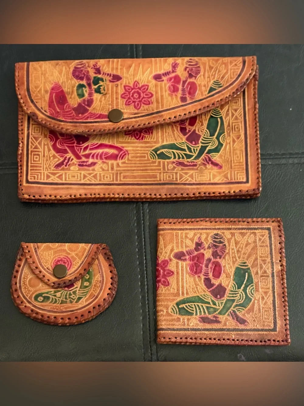 Vintage Handcrafted Shantiniketan Leather Envelope Clutch Purse Set